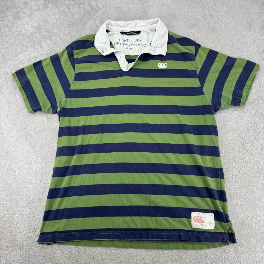 Canterbury of New Zealand Mens XL Green Blue Striped Rugby Shirt Preowned